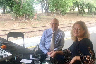 Braodcaster Joanne Shoebridge broadcasting from Murwillumbah train station