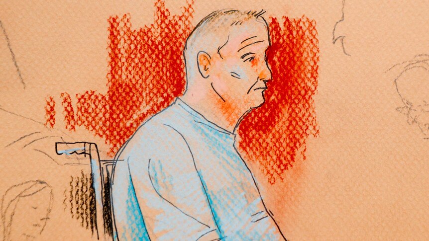 A court drawing of  Robert Bowers, accused of the Pittsburgh synagogue massacre, possibly sitting in a wheelchair