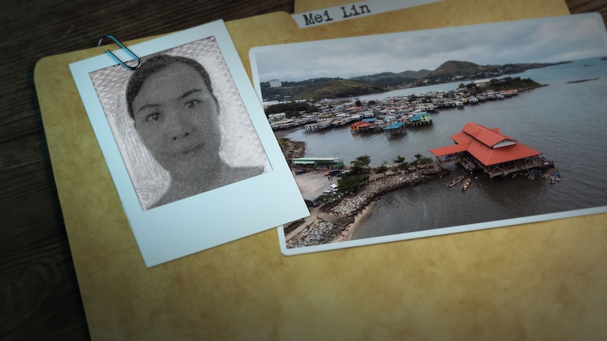 a graphic of mei lin's passport photo and pictures of her home, and papua new guinea