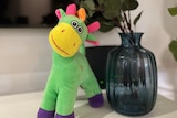 a stuffed children's toy giraffe sits on a bedside table at a women's shelter in western sydney