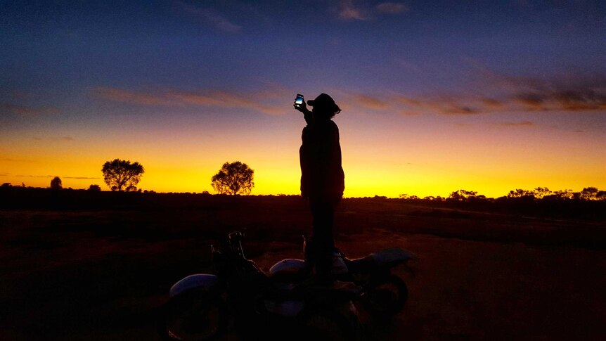 A silhouetted worker on a farm holds their smartphone high up as the last rays of daylight appear on the horizon.