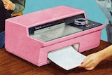 A pastel illustration of a woman pulling a print from a fax machine