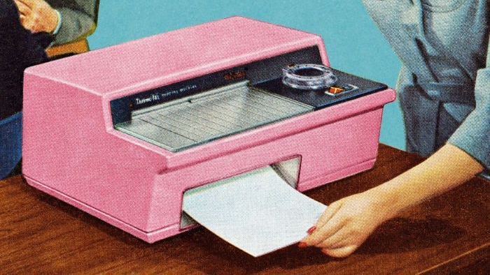 A pastel illustration of a woman pulling a print from a fax machine