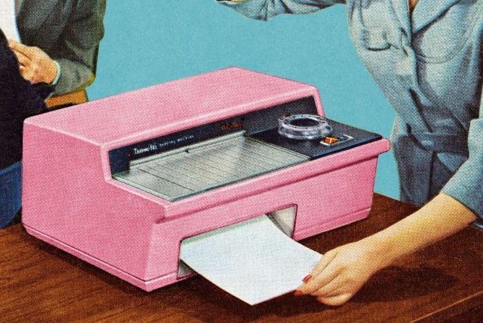 A pastel illustration of a woman pulling a print from a fax machine