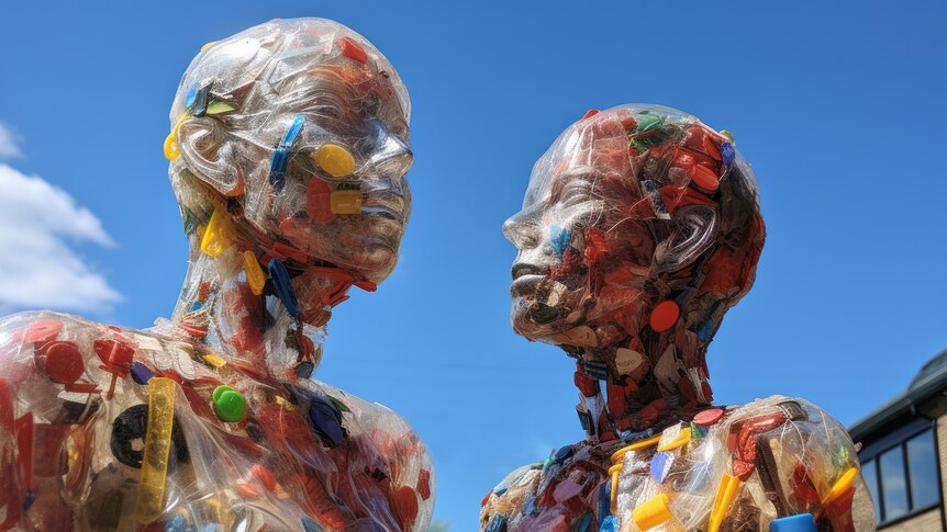 Two transparent mannequins filled with plastic waste standing outside on a sunny day.