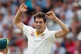 Pat Cummins jumps for joy as teammates celebrate a wicket at Lord's