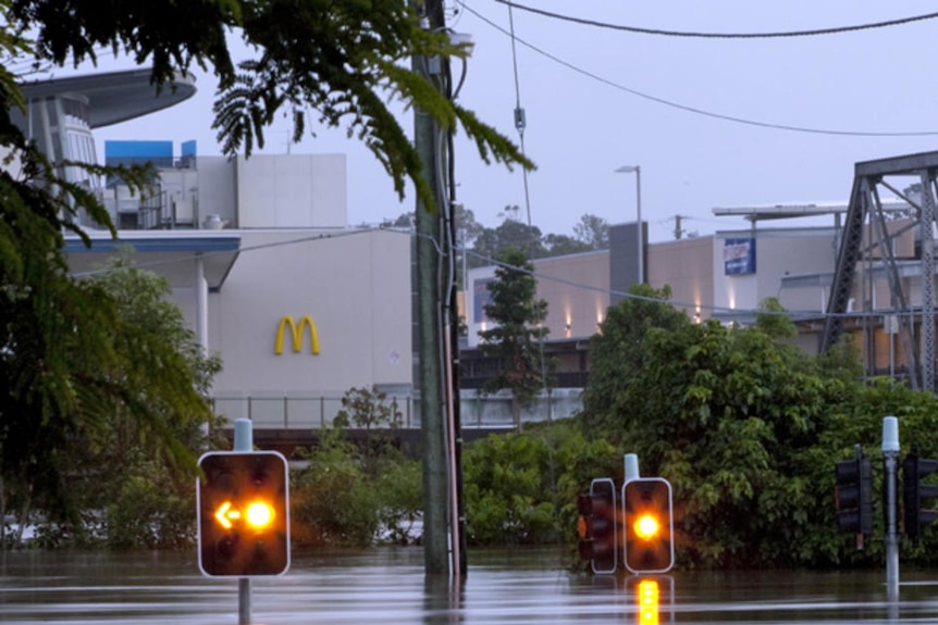 Traffic lights stick out from the flooded Ipswich CBD
