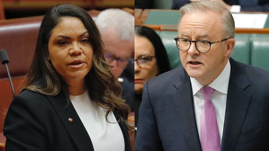 Jacinta Price is on the left speaking in the red Senate chamber. On the right is Anthony Albanese speaking in the green house