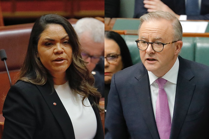 Jacinta Price is on the left speaking in the red Senate chamber. On the right is Anthony Albanese speaking in the green house