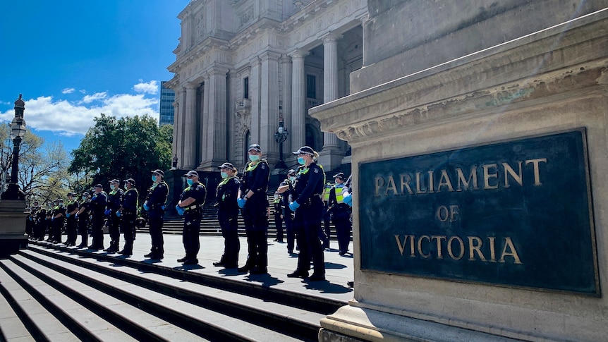 Uniformed officers line the steps of the parliament