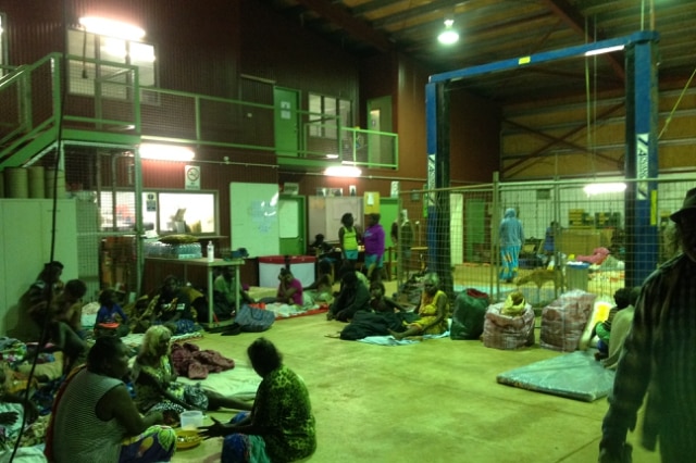 A workshop shelter on Elcho Island houses people sheltering from Cyclone Lam.