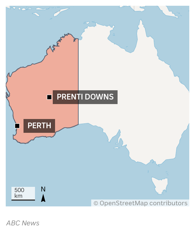 A map showing the location of Prenti Downs Station, near the centre of Western Australia.