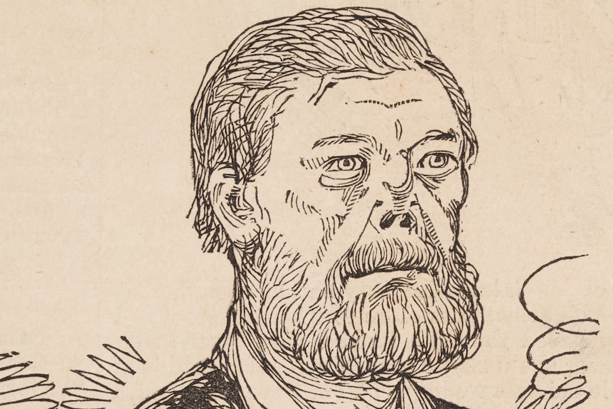 Illustration of an older man with a beard wtih a nose that has caved in on itself