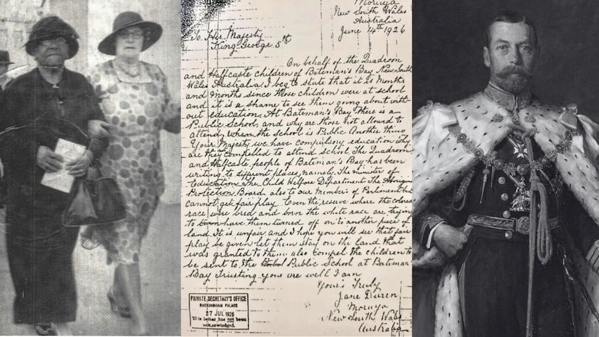 An old photo of a lady walking, a black and white hand-written letter and a photo of the King