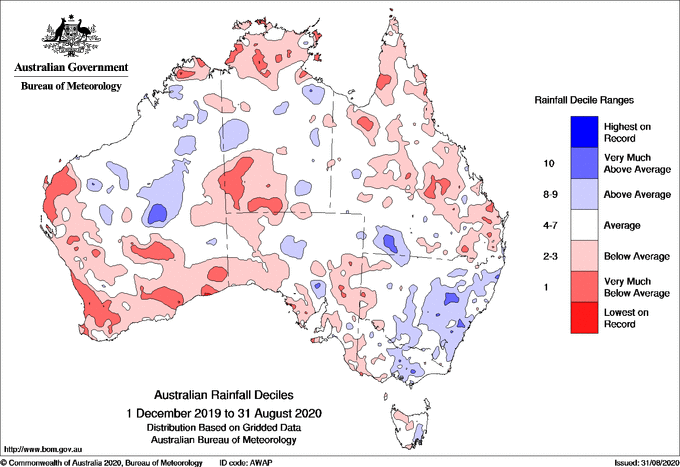 Map of Australia, Blue for NSW, VIC and TAS but red for the south west, QLD and largely below average or average for SA and NT