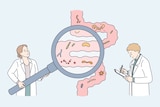 A cartoon of a woman and a man in white coats holding a large magnifying glass to an intestine