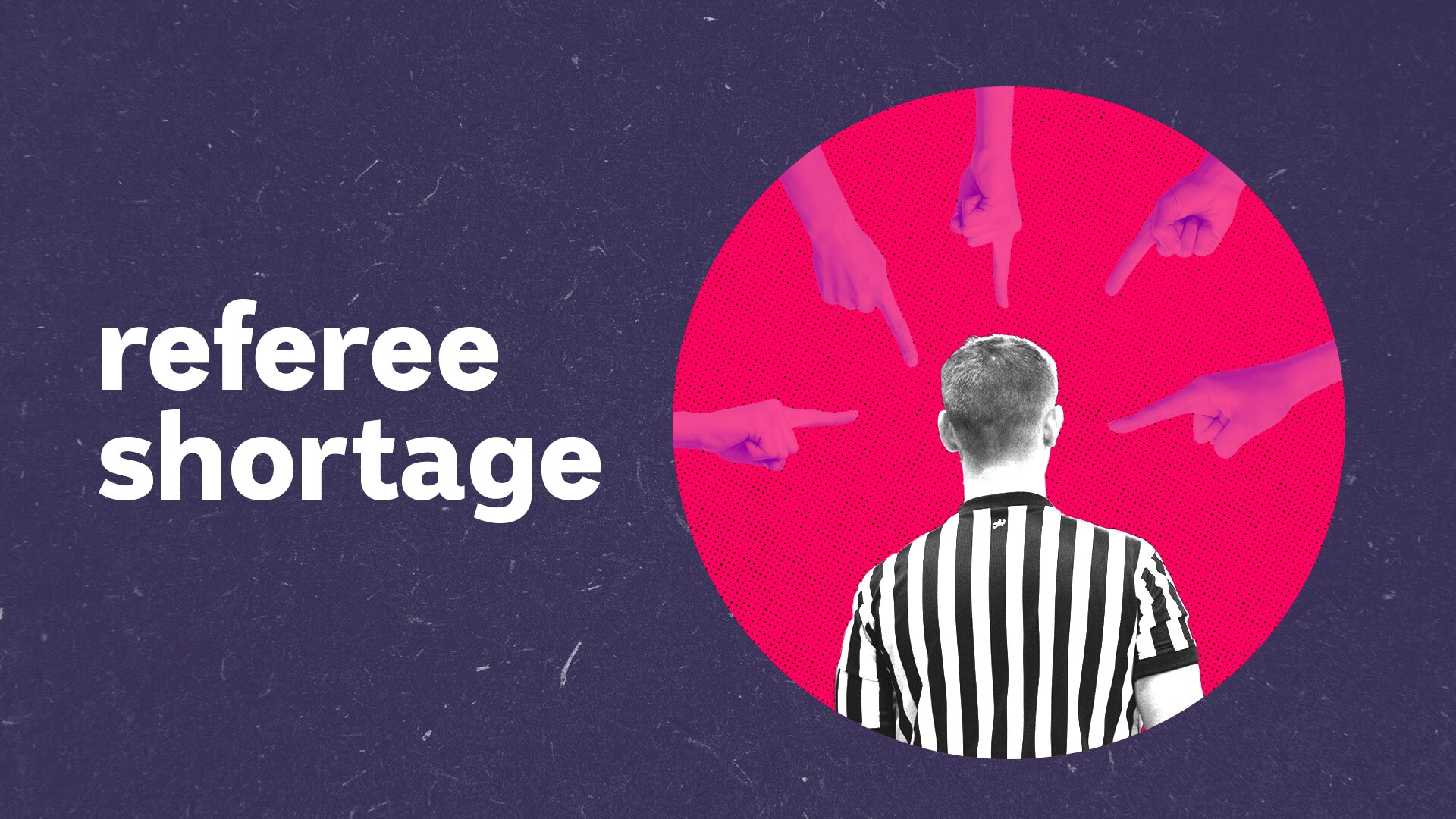 Man in striped referee shirt facing away from camera surrounded by pointing fingers.