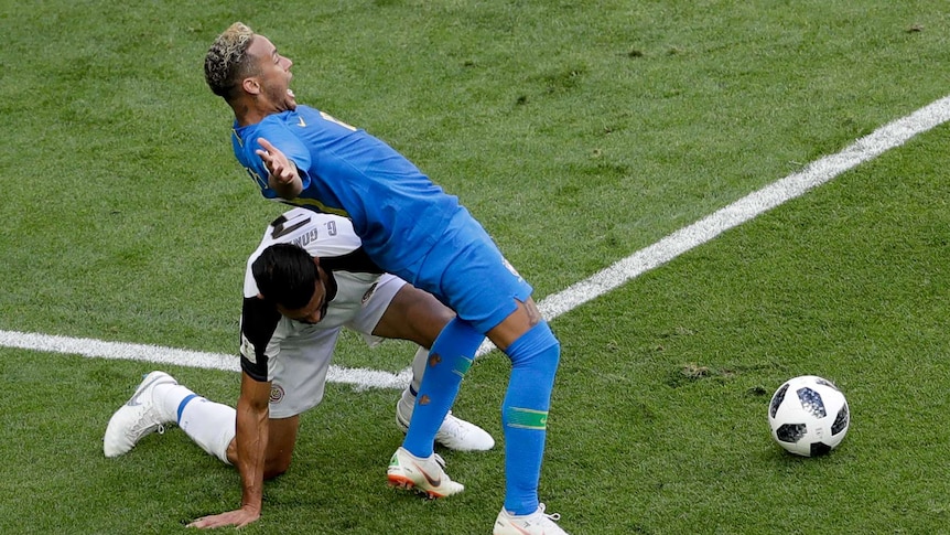 Neymar goes down in the box against Costa Rica