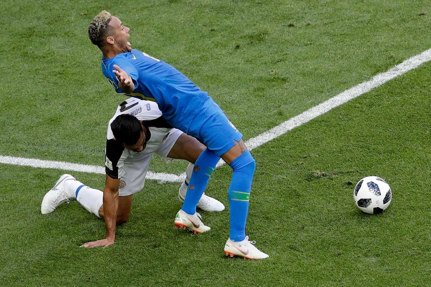 Neymar goes down in the box against Costa Rica