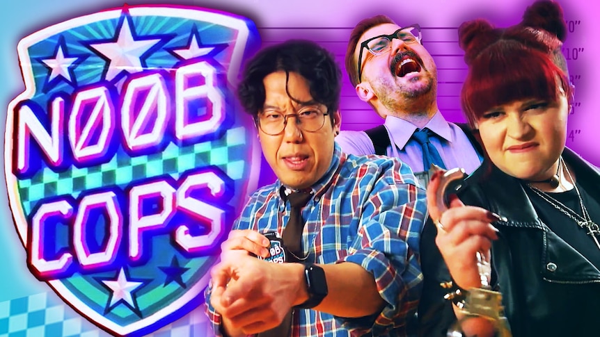 Nob Cops badge logo with Harry, Gem and The Chief on the right of the image in power stances.