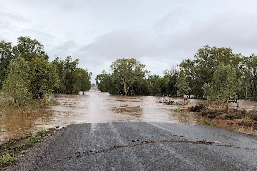 Flooded Cloncurry River over a sealed road in north-west Queensland on February 1, 2019.