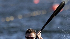 Nathan Baggaley competes in the semi-finals of the K1 at the Athens Olympics