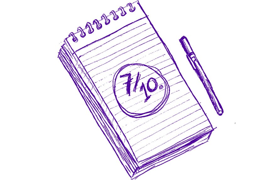 A blue-and-white illustration of a notepad with 7/10 written on it depicting mood monitoring, a self care technique.