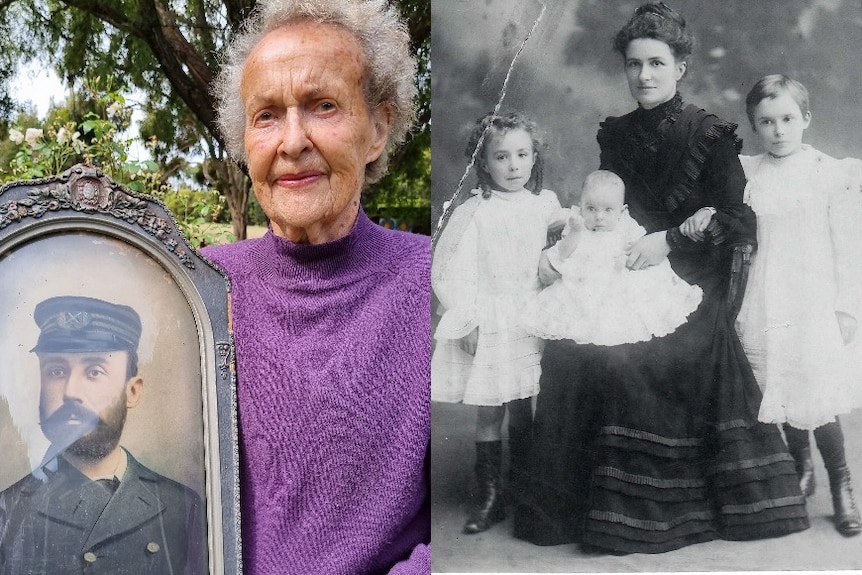 A fair-skinned older woman holds a photo of s hip captain, next to a sepia image of a woman, baby and two kids.