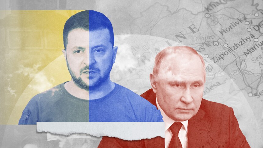 Zelenskyy is coloured yellow and blue while Putin is in red, the colours of each nations flag. 