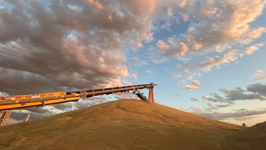 An auger pours grain into a large pile.