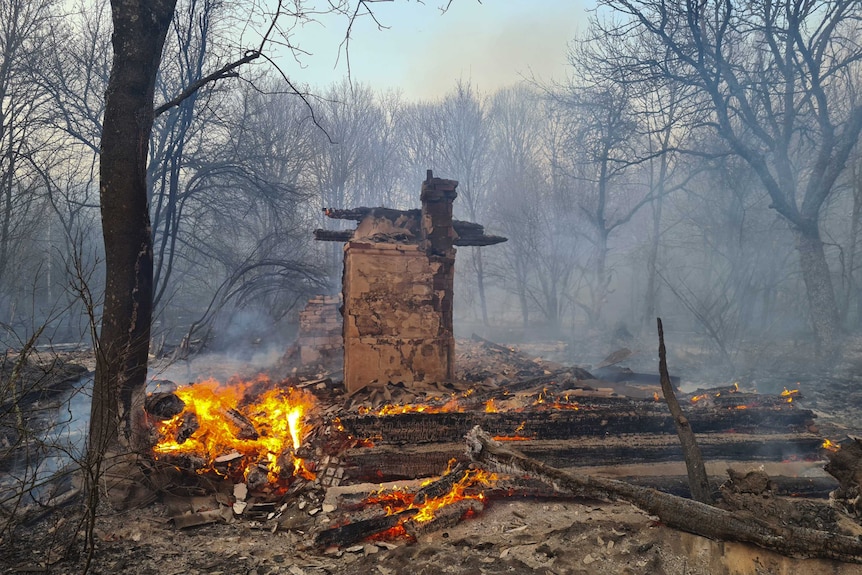 An uninhabited house burns in the middle of a forest fire near Chernobyl.