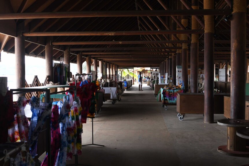A handicrafts market in Vanuatu is shown mostly empty in this photograph taken in July 2020.