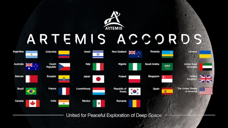 Graphic of the 28 countries that have signed the Artemis Accords, set against picture of the moon.