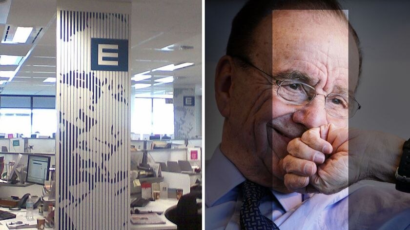The Rupert Murdoch image (r) that was used on pillars in the Fairfax office