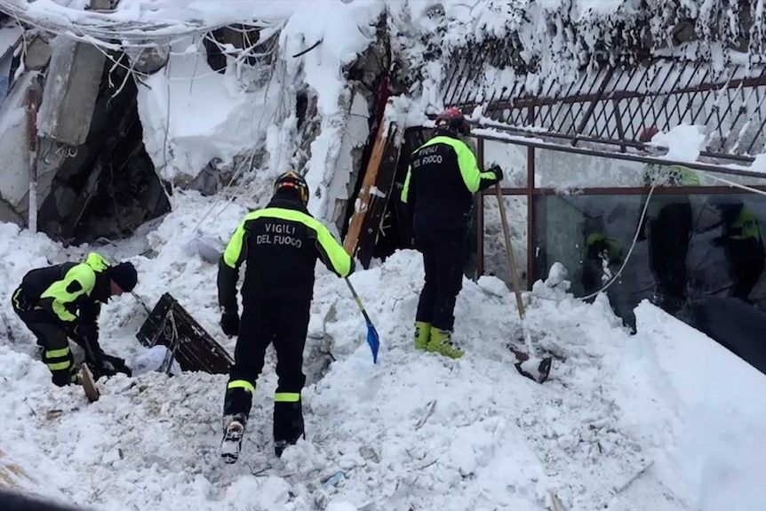 Firefighters use shovels to search for survivors of italian avalanche