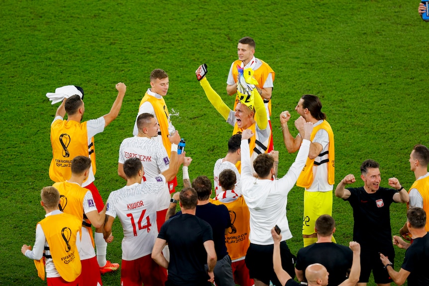 Polish footballers and team staff cheer and raise their arms in the air realising they have reached the next round of World Cup 