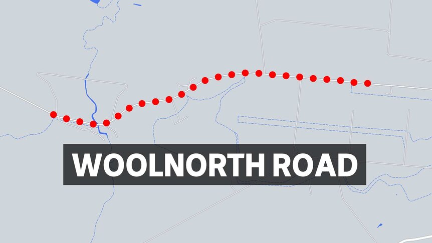 Une carte d'une route avec du texte qui lit Woolnorth Road.