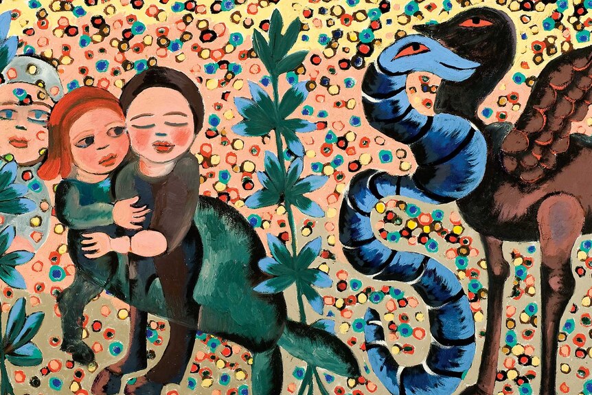 colourful Mirka Mora painting of figures and creatures