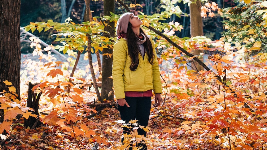 Woman surrounded by autumnal-coloured trees with leaves falling.