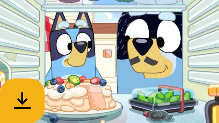 Bluey and Bandit look into the fridge at a Pavlova