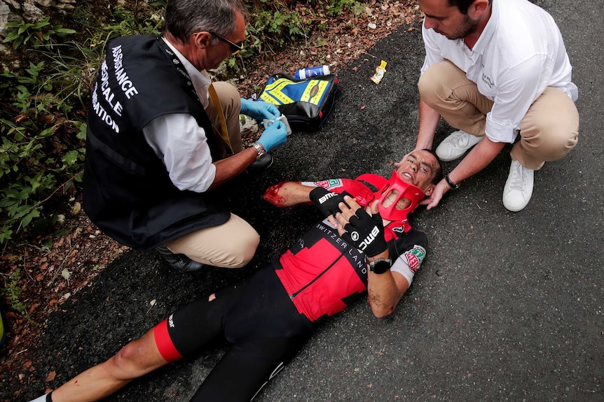 Richie Porte of Australia after his crash.