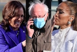 A composite image of Kamala Harris, Bernie Sanders and Jennifer Lopez.