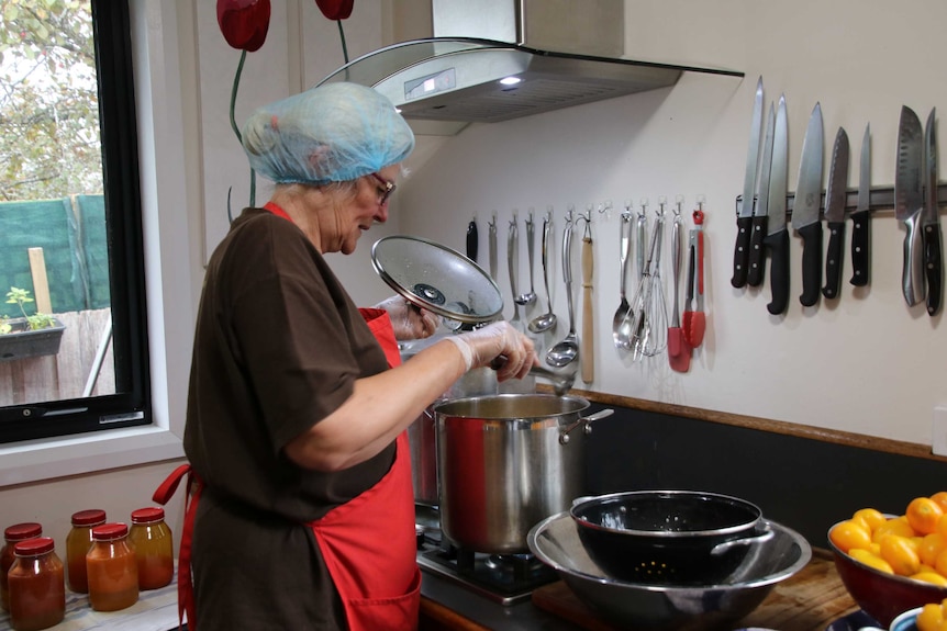 Harvest Helpers volunteer coordinator Nan Preston at the stovetop.