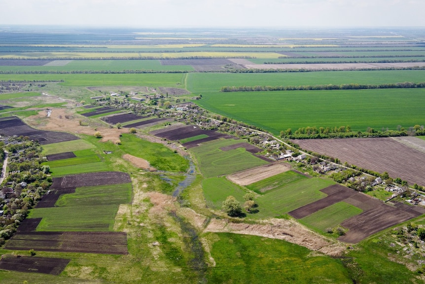 A drone shot of green farmland dotted with brown plots.