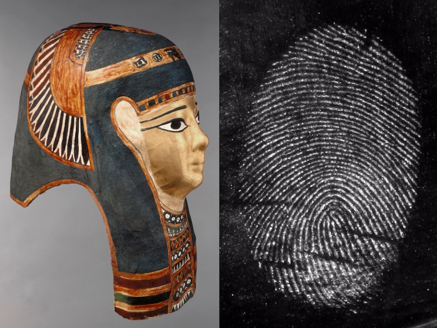 A composite image of an Egyptian mask and a black and white fingerprint.