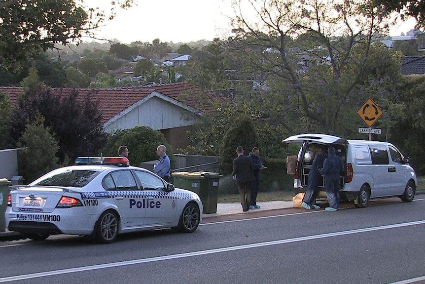 A police car, police officers and forensics officers stand on the road outside a house in Mount Pleasant.