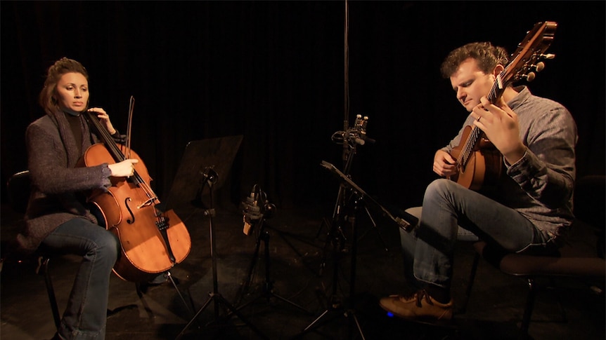 Sharon and Slava Grigoryan perform cello and guitar in the ABC Adelaide studios