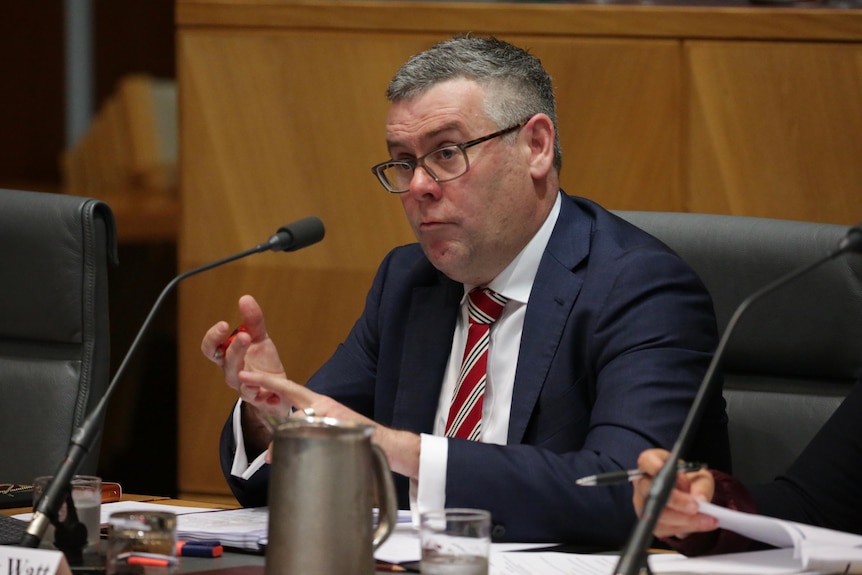 A man in a dark suit and red striped tie speaks in a committee room at parliament house.