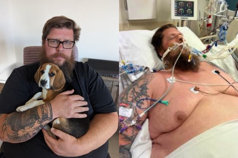Two photos of Jacob, in one he's holding a puppy, and in the other he's in an ICU bed attached to tubes.