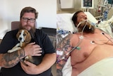 Two photos of Jacob, in one he's holding a puppy, and in the other he's in an ICU bed attached to tubes.